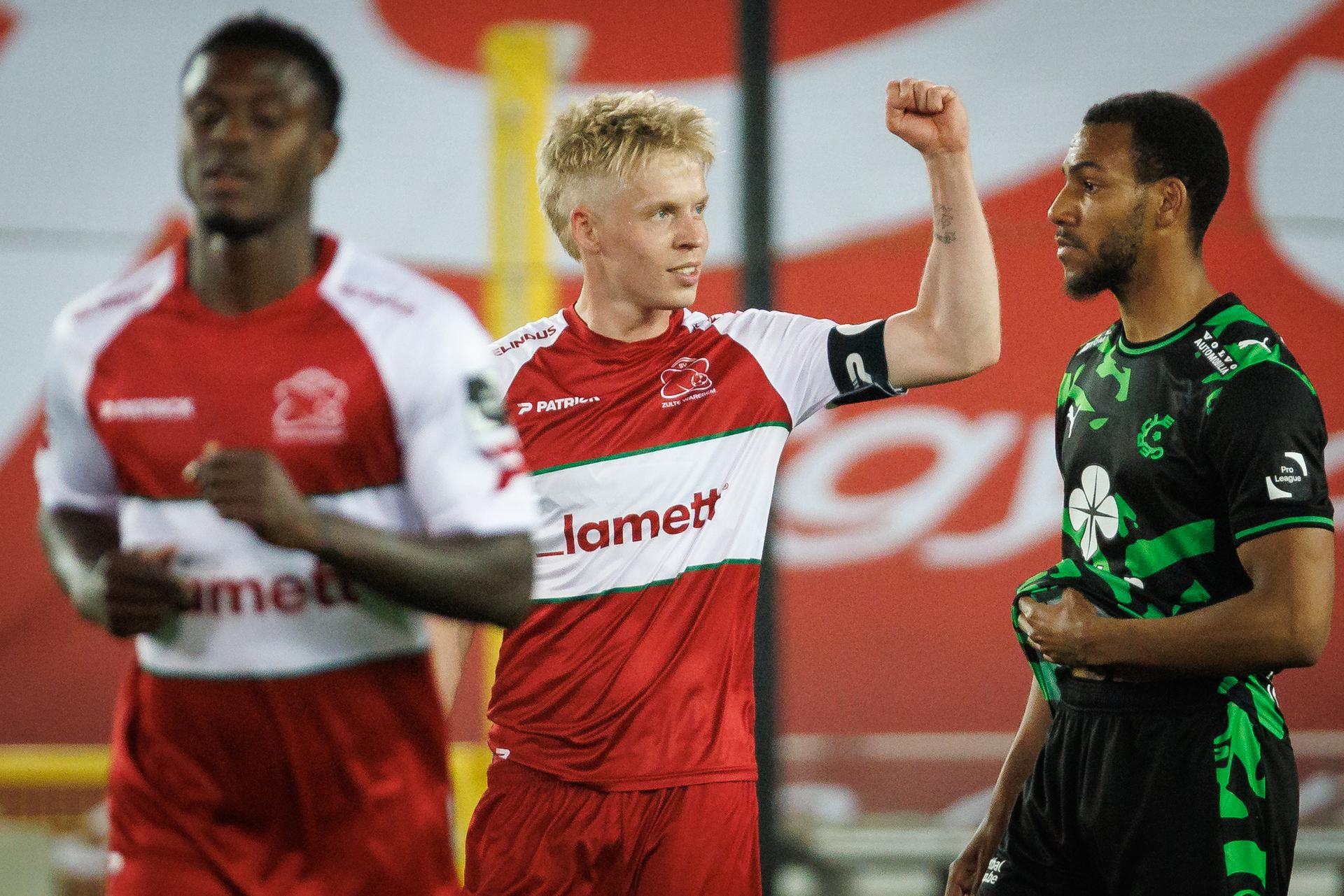 Essevee's Jeppe Erenbjerg celebrates after scoring during a soccer match between Cercle Brugge KSV and SV Zulte Waregem, Friday 01 May 2026 in Brugge, on day five of the Relegation Play-offs of the 2025-2026 'Jupiler Pro League' first division of the Belgian championship. BELGA PHOTO KURT DESPLENTER
