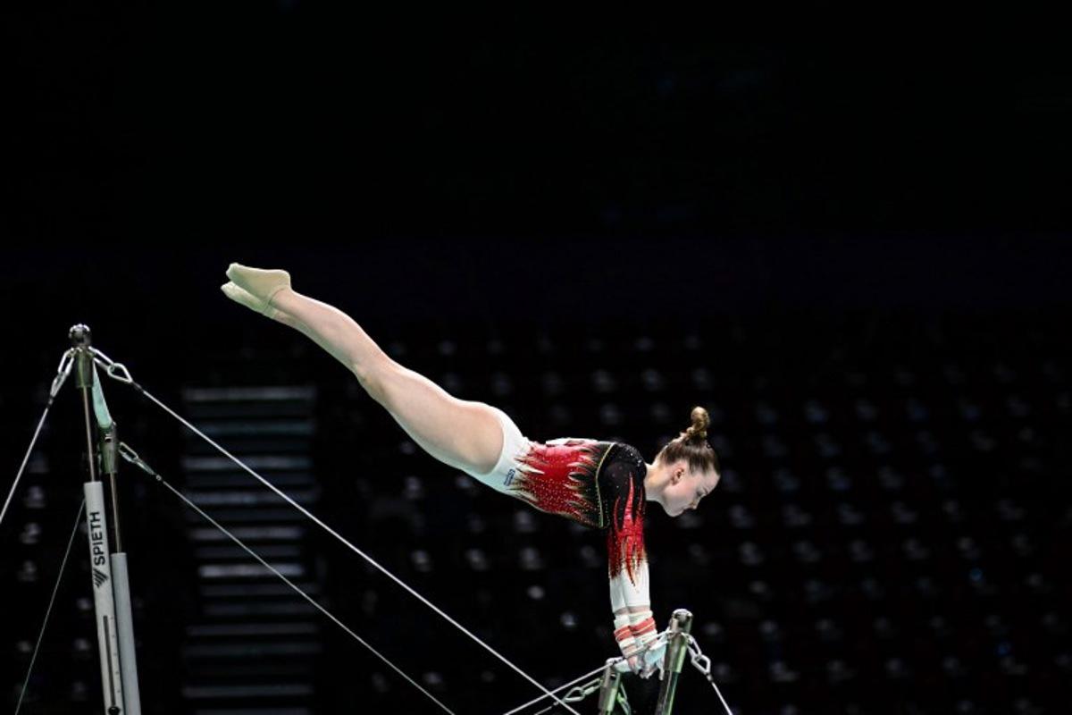 Belgium's Jade Vansteenkiste competes on the Uneven Bars during the Seniors Women's All-Around Finals event at the 35th Artistic Gymnastics European Women's Championships, in Rimini, on the Adriatic coast, northeastern Italy, on May 2, 2024. GABRIEL BOUYS / AFP