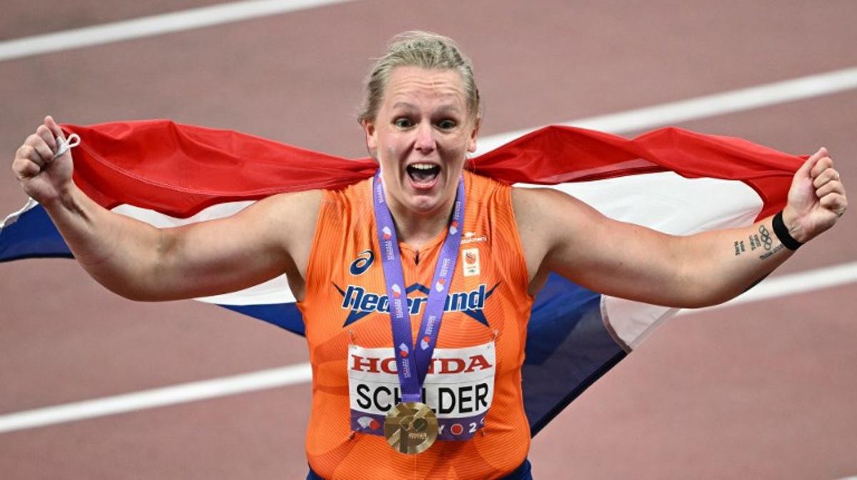 Gold medallist Netherlands' athlete Jessica Schilder celebrates after the women's shot put final during the World Athletics Championships in Tokyo on September 20, 2025. Philip FONG / AFP
