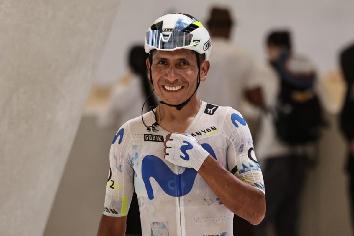 Movistar Team's Colombian rider Nairo Quintana Rojas arrives at the Zayed National Museum ahead of the seventh and final stage of the UAE Tour cycling event from Zayed National Museum to Abu Dhabi Breakwater in Abu Dhabi on February 22, 2026. Fadel SENNA / AFP