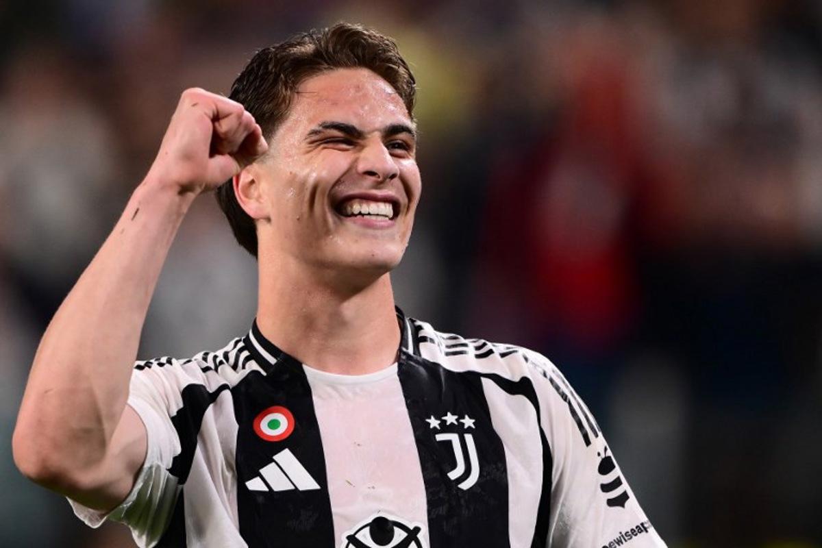 Juventus' Turkish midfielder #10 Kenan Yildiz celebrates after scoring a goal during the Italian Serie A football match between Juventus and Lecce at the Juventus Stadium in Turin on April 12, 2025. MARCO BERTORELLO / AFP