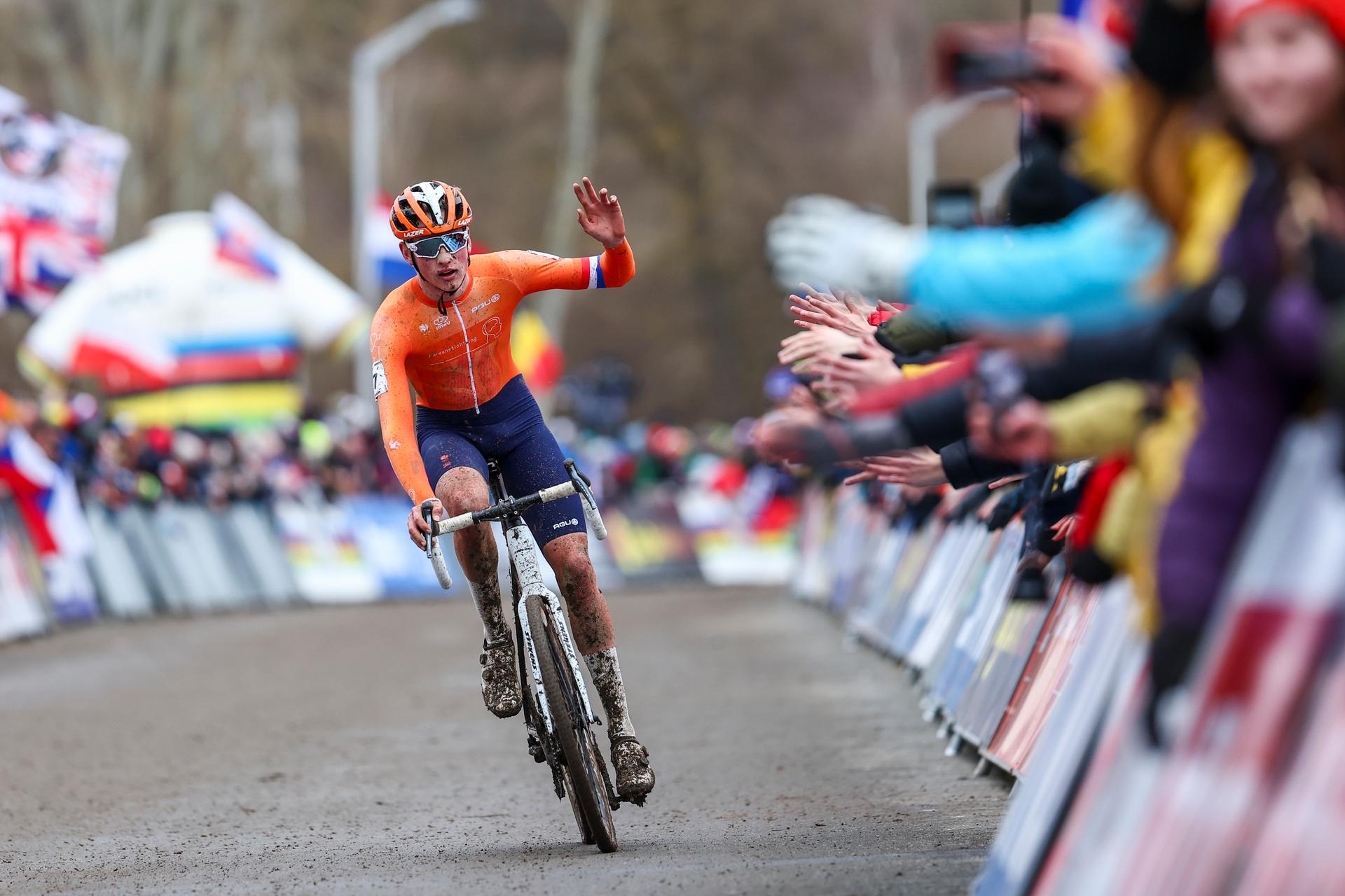 Dutch Keije Solen crosses the finish line at the men junior's race at the Cyclocross World Championships event on Sunday 04 February 2024 in Tabor, Czech Republic. BELGA PHOTO DAVID PINTENS