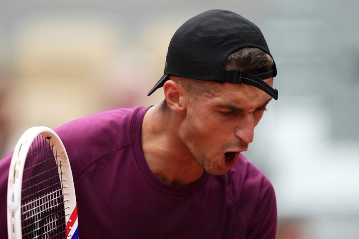 France's Terence Atmane reacts during his men's singles match against France's Richard Gasquet on day 2 of the French Open tennis tournament on Court Philippe-Chatrier at the Roland-Garros Complex in Paris on May 26, 2025. Dimitar DILKOFF / AFP