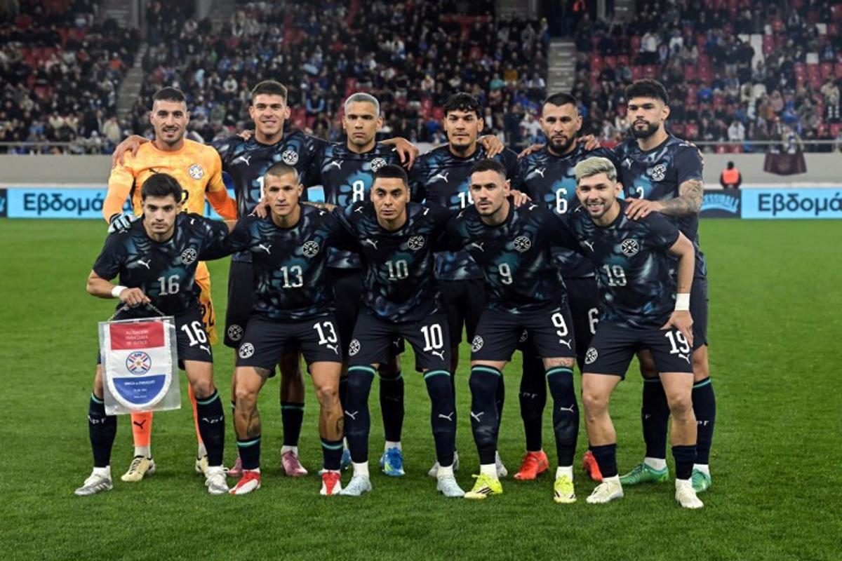 Paraguay's players pose for a team photo ahead of the friendly football match between Greece and Paraguay at the Georgios Karaiskaki Stadium in Athens on March 27, 2026. Aris MESSINIS / AFP