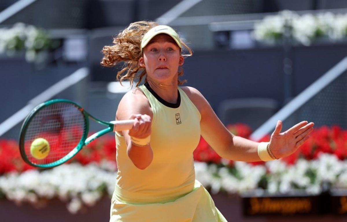 Russia's Mirra Andreeva returns the ball to Canada's Leylah Fernandez during their 2026 WTA Tour Madrid Open tennis tournament women's singles match at the Caja Magica in Madrid, on April 28, 2026. Thomas COEX / AFP