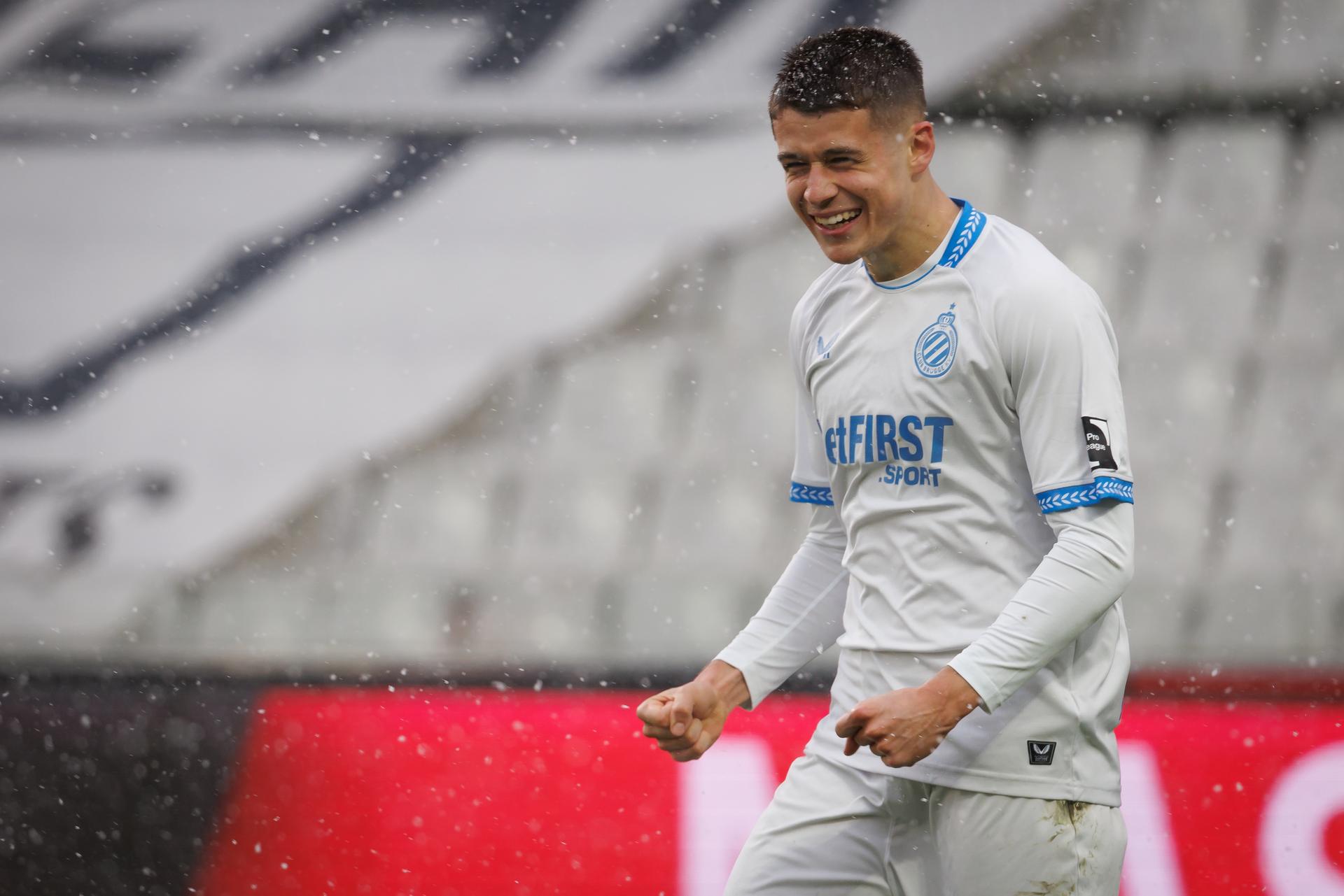 Club's Nicolo Tresoldi celebrates after scoring during a soccer match between Cercle Brugge and Club Brugge, Sunday 15 February 2026 in Brugge, on day 25 of the 2025-2026 'Jupiler Pro League' first division of the Belgian championship. BELGA PHOTO KURT DESPLENTER