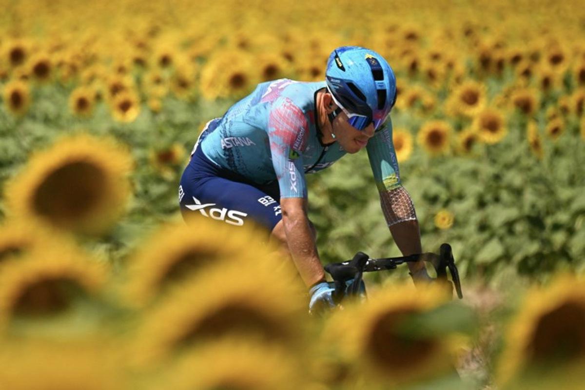 XDS Astana Team's Italian rider Davide Ballerini cycles in a breakaway during the 11th stage of the 112th edition of the Tour de France cycling race, 156.8 km starting and finishing in Toulouse, southwestern France, on July 16, 2025. Loic VENANCE / AFP