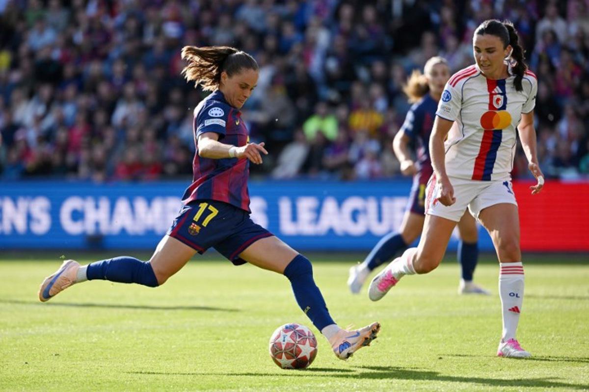 Barcelona's Polish forward #17 Ewa Pajor shoots but fails to score during the UEFA Women's Champions League final football match between FC Barcelona and Olympique Lyonnais (OL) at the Ullevaal Stadium in Oslo, Norway on May 23, 2026. Jonathan Nackstrand / AFP