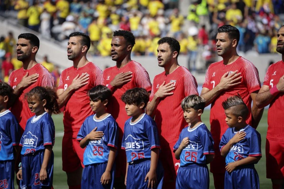 Jordan's players stand for the national anthem ahead of the international friendly football match between Colombia and Jordan at Snapdragon Stadium in San Diego, California, on June 7, 2026. SANDY HUFFAKER / AFP