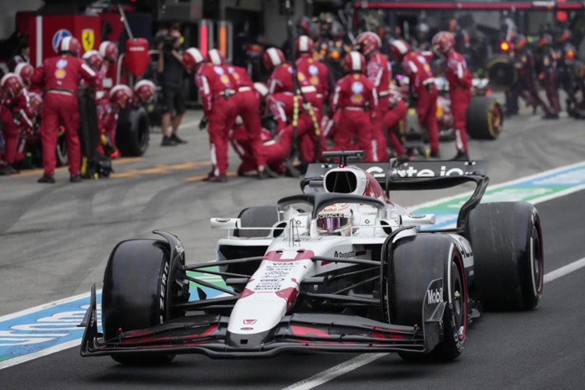 Red Bull Racing's Dutch driver Max Verstappen drives through the pits during the Formula One Japanese Grand Prix at the Suzuka circuit in Suzuka, Mie prefecture, Japan on April 6, 2025. Shuji Kajiyama / POOL / AFP