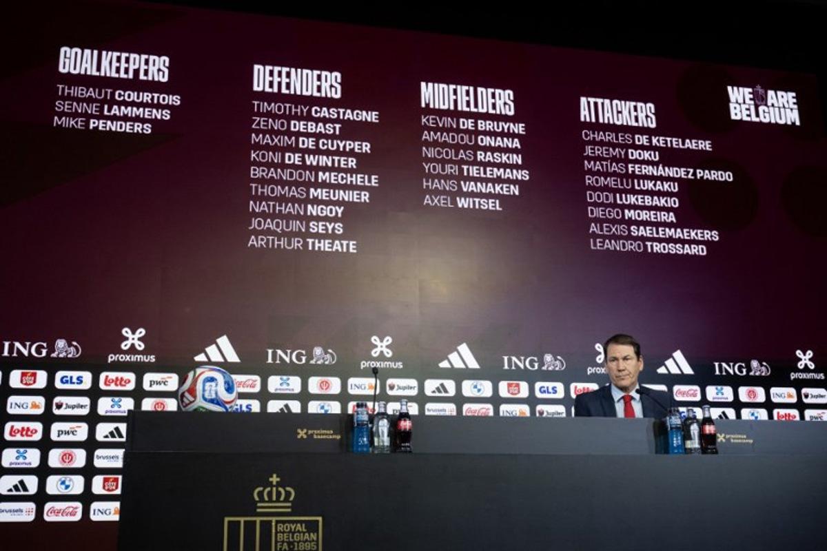 Belgium's football team French head coach Rudi Garcia addresses the media during a press conference to unveil his squad for the World Cup 2026 football tournament, at the Proximus base camp in Tubize on May 15, 2026. JOHN THYS / AFP