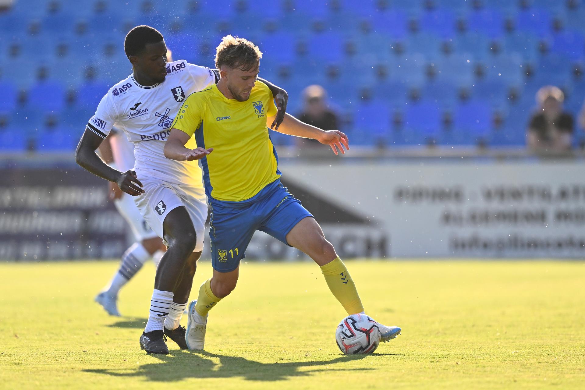 Patro Eisden's Keres Masangu and STVV's Isaias Delpupo fight for the ball during a friendly soccer game between second division soccer team Patro Eisden Maasmechelen and first division soccer team STVV, on Wednesday 15 July 2026 in Maasmechelen, in preparation of the upcoming 2026-2027 Belgian first division soccer season. BELGA PHOTO JOHAN EYCKENS