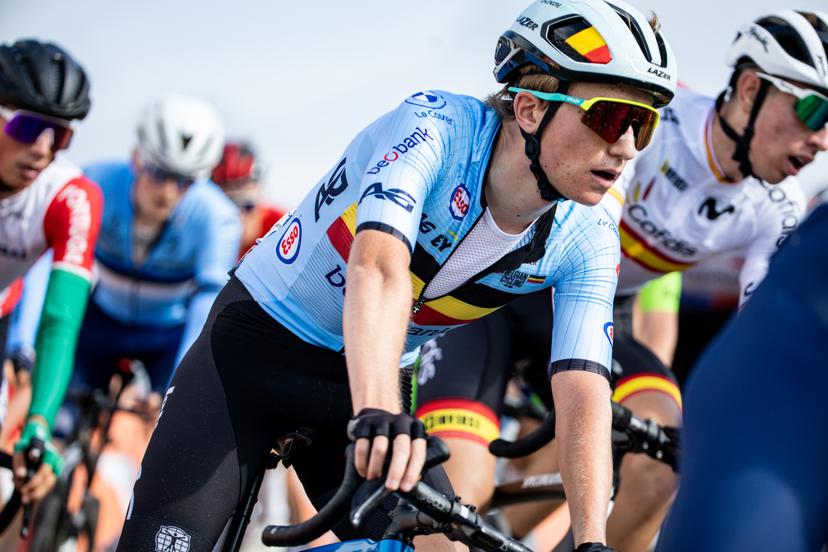 Belgian Niels Driesen pictured in action during the Junior Men's Road Race, 111km around and on the Col du VAM, on day 4 of the UEC Road European Championships in Wijster, The Netherlands, Saturday 23 September 2023. The European cycling championships takes place from 20 to 24 september. BELGA PHOTO DAVID PINTENS