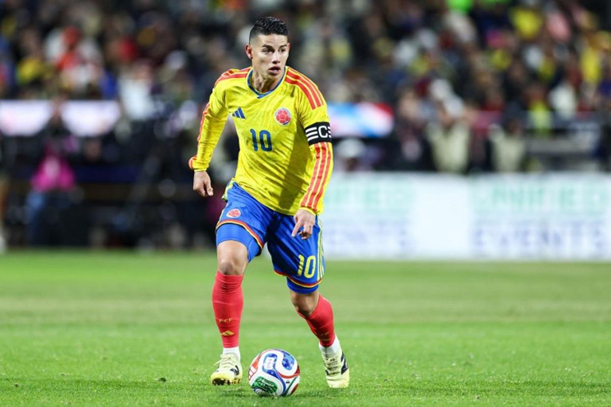 Colombia's midfielder #10 James Rodriguez controls the ball during the international friendly football match between Colombia and Australia at Citifield stadium in the Queens borough of New York City on November 18, 2025. CHARLY TRIBALLEAU / AFP