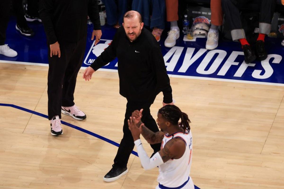 The Knicks' US coach Tom Thibodeau reacts during a time out in Game Five of the Eastern Conference Finals of the 2025 NBA Playoffs between the New York Knicks and the Indiana Pacers at Madison Square Garden in New York on May 29, 2025. CHARLY TRIBALLEAU / AFP