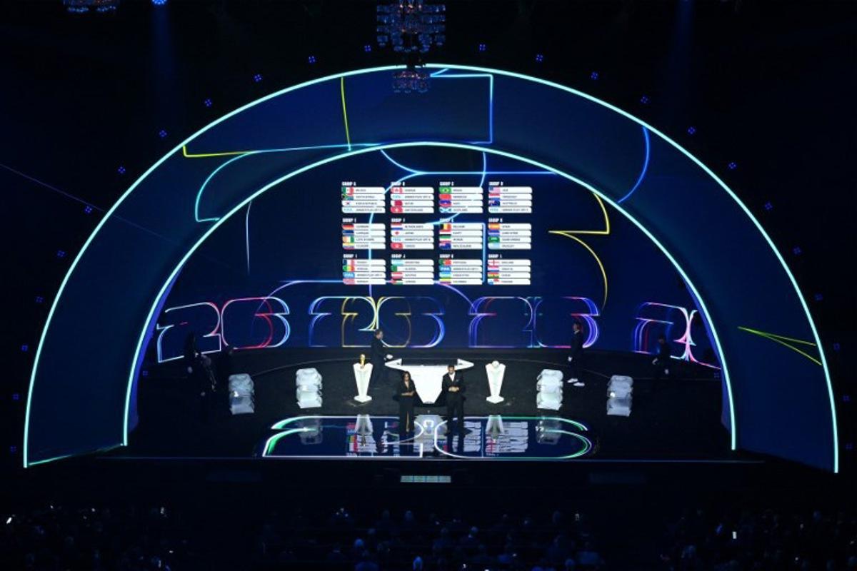 A picture shows groups A, B, C, D, E, F, G, H, I, J, K and L during the draw for the 2026 FIFA Football World Cup taking place in the US, Canada and Mexico, at the Kennedy Center, in Washington, DC, on December 5, 2025. Roberto SCHMIDT / AFP