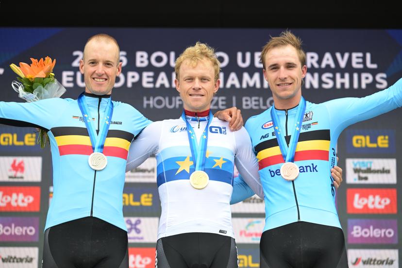 Belgian Wout Alleman, Danish SCHMIDT Mads Würtz, Belgian Niels Vandeputte of Alpecin-Premier Tech pictured on the podium after the UEC Gravel European Championships in Houffalize (138 km), on Sunday 30 August 2026. BELGA PHOTO DAVID PINTENS