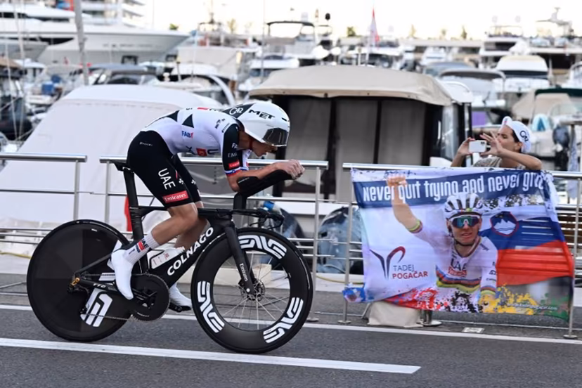 UAE Team Emirates - XRG team's Slovenian rider Tadej Pogacar competes during the first stage of the Vuelta a Espana 2026, a 9,4 km time-trial between Monaco and Monaco on August 22, 2026. Miguel MEDINA / AFP
