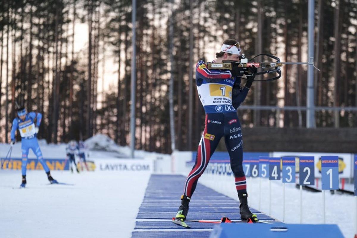 Norway's Sturla Holm Laegreid competes during the men's 4x7,5km relay event of the IBU Biathlon World Cup in Kontiolahti, Finland, on March 7, 2026. Minna Raitavuo / Lehtikuva / AFP