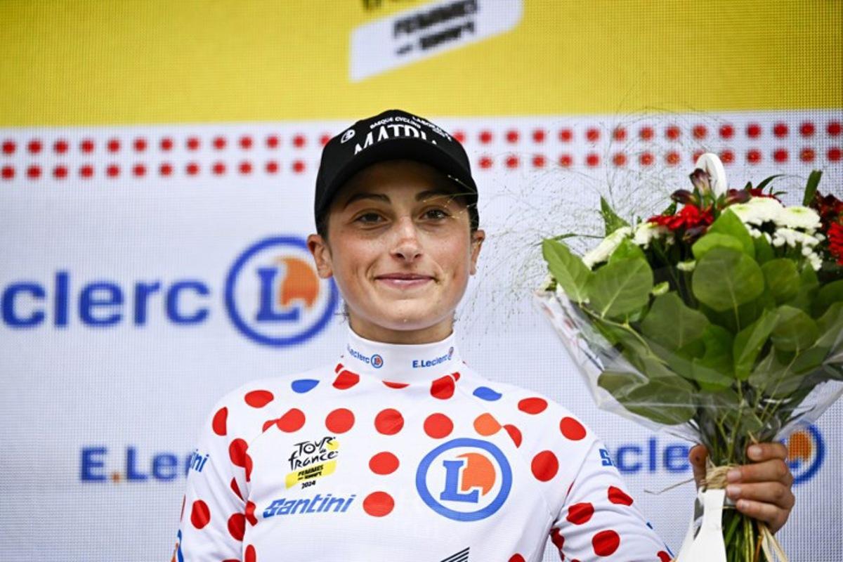 Laboral Kutxa - Fundacion Euskadi team's Italian rider Cristina Tonetti wearing the climber's dotted jersey celebrates on the podium after the 2nd stage (out of 8) of the third edition of the Women's Tour de France cycling race, 69,7 km between Dordrecht and Rotterdam, on August 13, 2024. JULIEN DE ROSA / AFP
