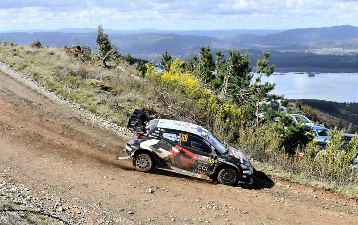 Finnish driver Kalle Rovanpera and co-driver Jonne Halttunen in their Toyota GR Yaris Rally1 during the second day of the WRC Rally Chile Bio Bio in Concepcion, Chile, on September 13, 2025. GUILLERMO SALGADO / AFP