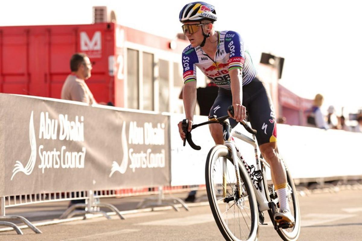 Red Bull-Bora-Hansgrohe's Belgian rider Remco Evenepoel reacts after finishing the sixth stage of the UAE Tour cycling event from al-Ain Museum to Jebel Hafeet in Abu Dhabi on February 21, 2026. Fadel SENNA / AFP