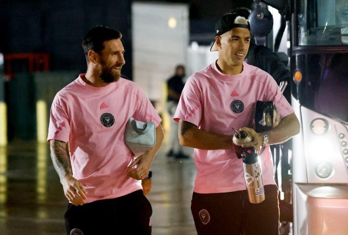 Inter Miami's Argentine forward #10 Lionel Messi (L) and Inter Miami Uruguayan forward #9 Luis Suarez arrive for the Major League Soccer (MLS) Eastern Conference semifinal second leg between Inter Miami CF and Atlanta United FC at Chase Stadium in Fort Lauderdale, Florida, on November 9, 2024. Chris Arjoon / AFP