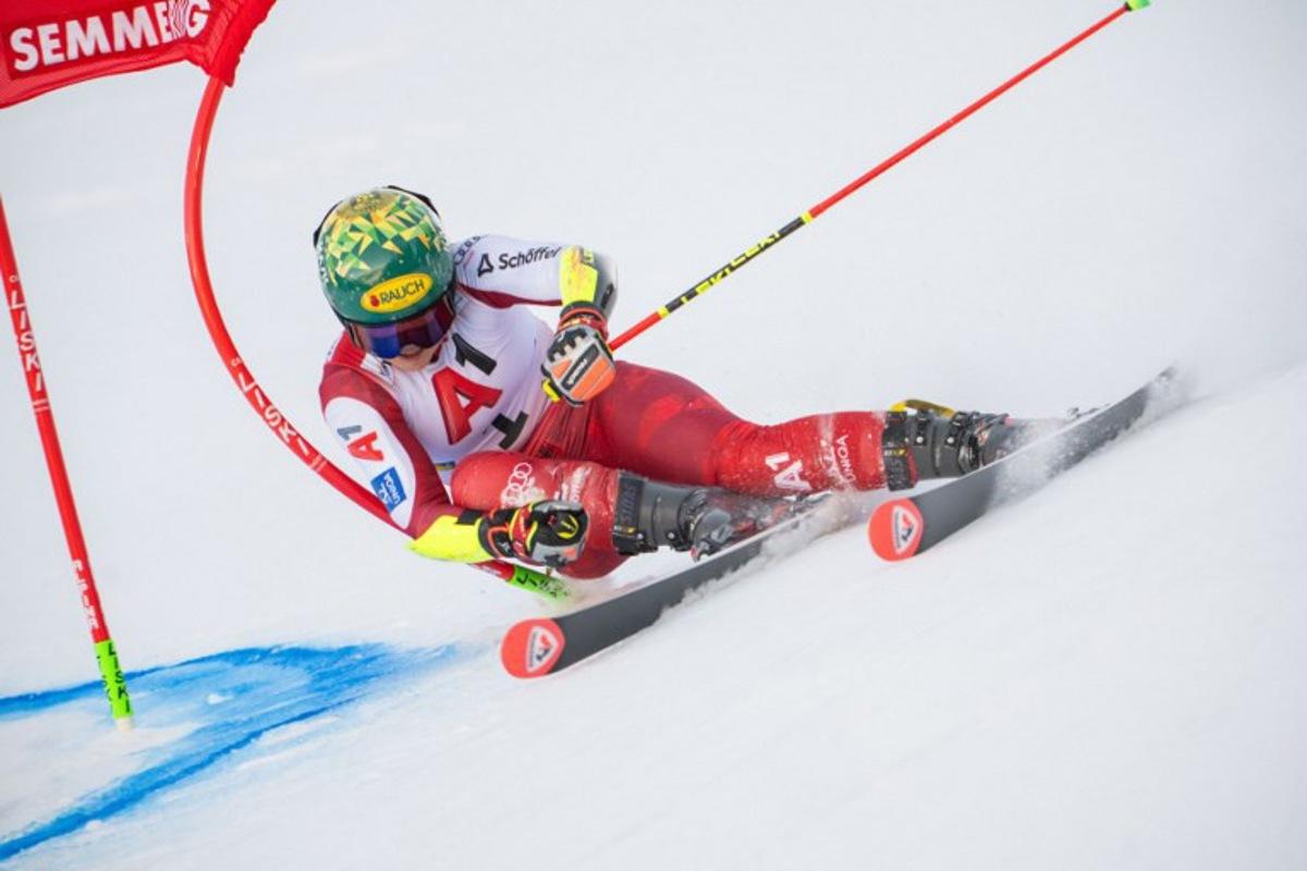 Austria's Julia Scheib competes during the women's giant slalom event of the FIS Alpine Ski World Cup in Semmering, Austria on December 27, 2025. GEORG HOCHMUTH / APA / AFP