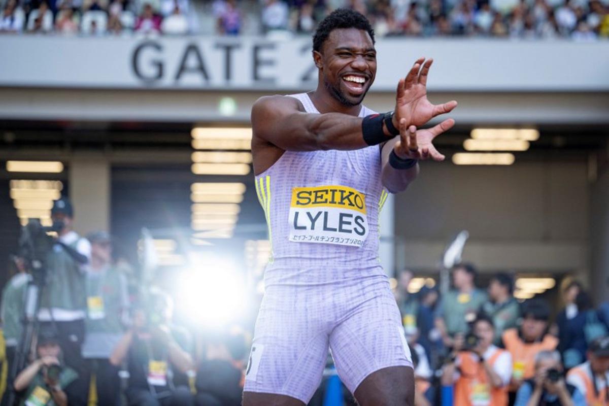 US' Noah Lyles celebrates after winning in the men's 100m final during the Golden Grand Prix athletics at the National Stadium in Tokyo on May 17, 2026. Yuichi YAMAZAKI / AFP