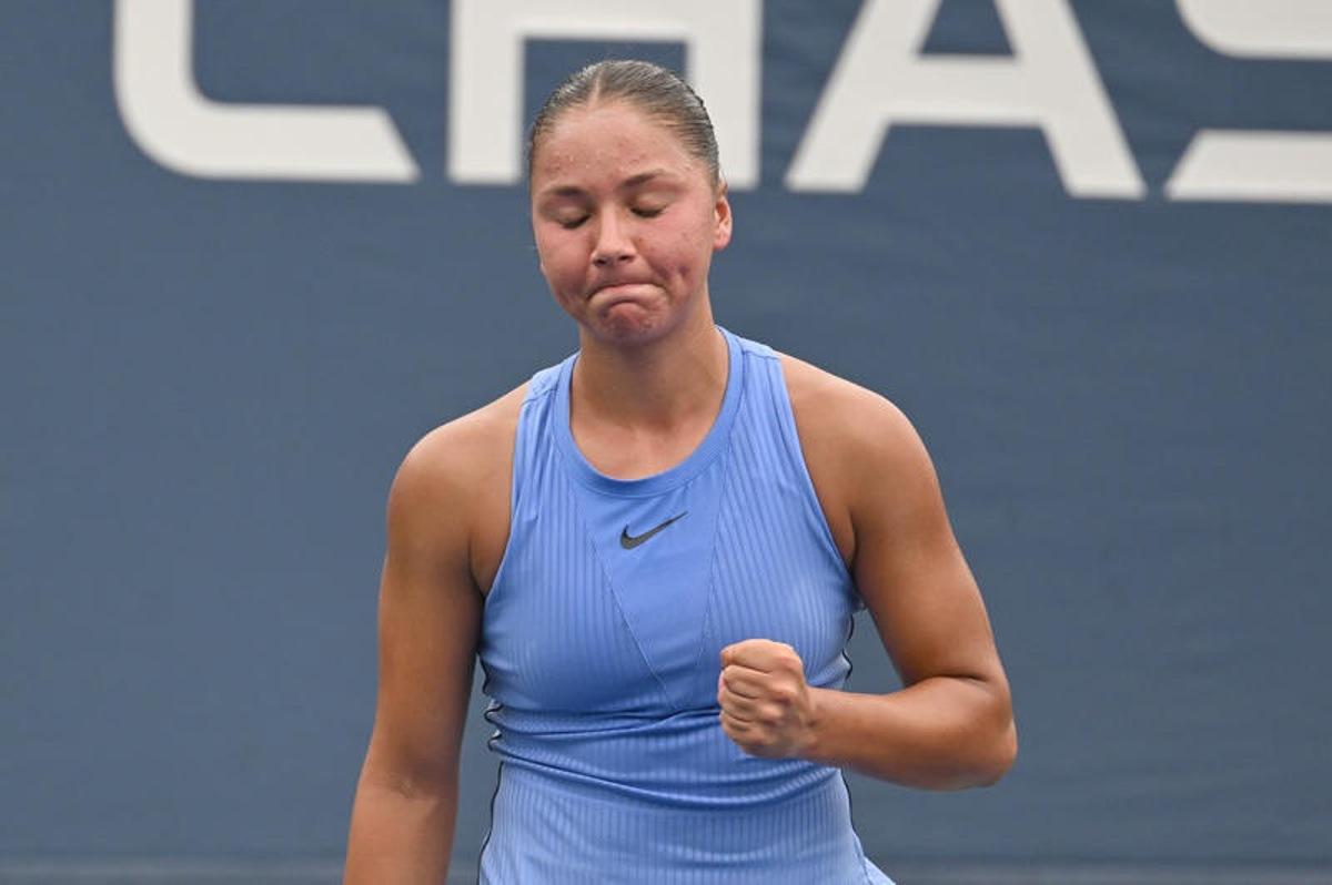 Sofia Costoulas of Belgium reacts as she competes against Katie Volynets of the United States during the Women's Qualifying Singles 1st round at the USTA Billie Jean King National Tennis Center in Flushing Meadow-Corona Park, in the Queens borough of New York, NY, August 18, 2025. (Photo by Anthony Behar/SipaUSA)