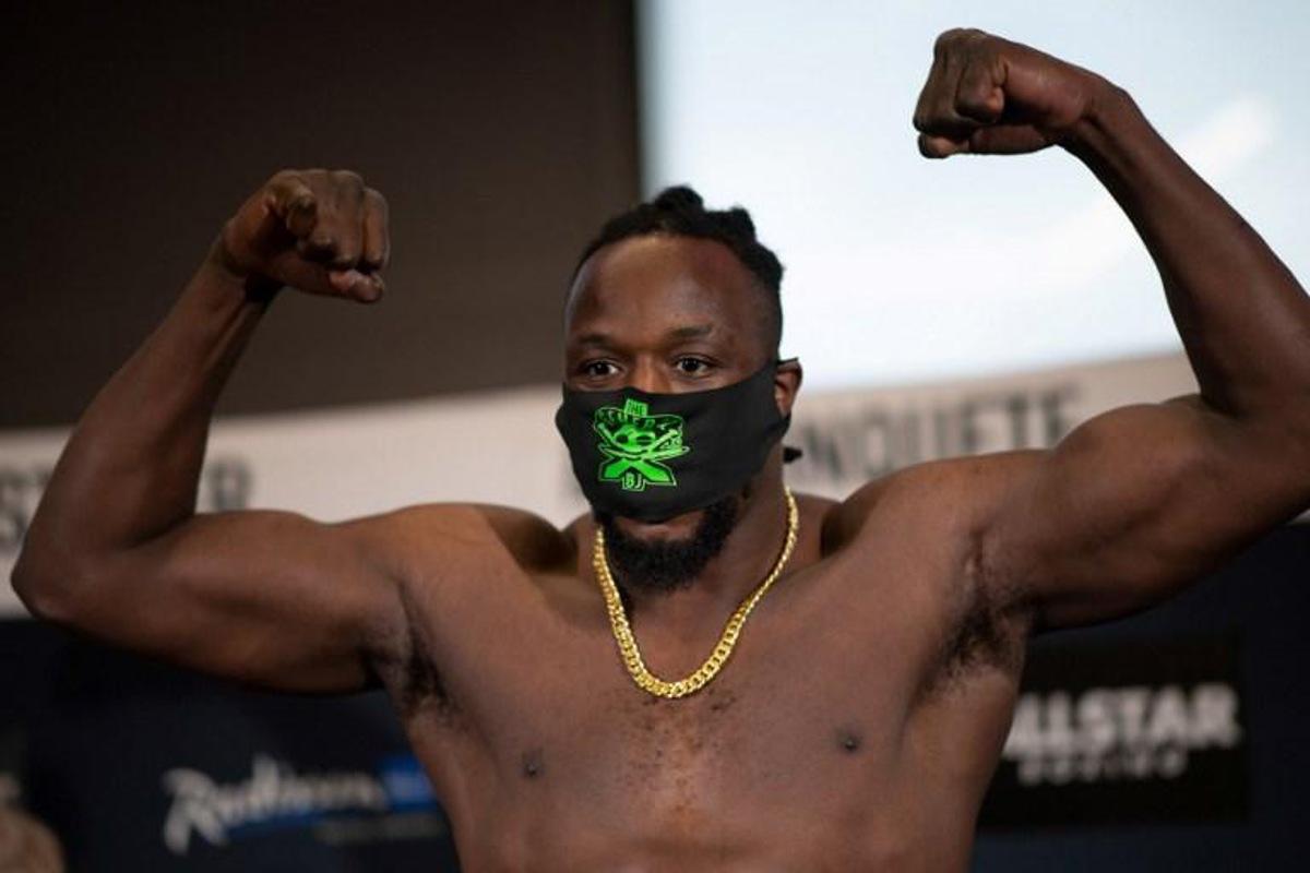 Belgian boxer Joel Tambwe Djeko, aka Big Joe, poses during his official weigh-in in Nantes, western France, on the eve of his boxing match against French boxer Tony Yoka at the Heavyweight European Union Championships on March 4, 2021. LOIC VENANCE / AFP
