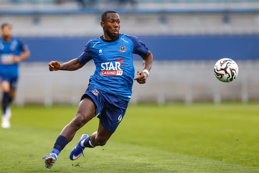 Dender's Mohamed Berte pictured in action during a soccer match between FCV Dender EH and SV Zulte Waregem, Sunday 12 April 2026 in Denderleeuw, on the second day of the Relegation Play-offs of the 2025-2026 'Jupiler Pro League' first division of the Belgian championship. BELGA PHOTO BRUNO FAHY