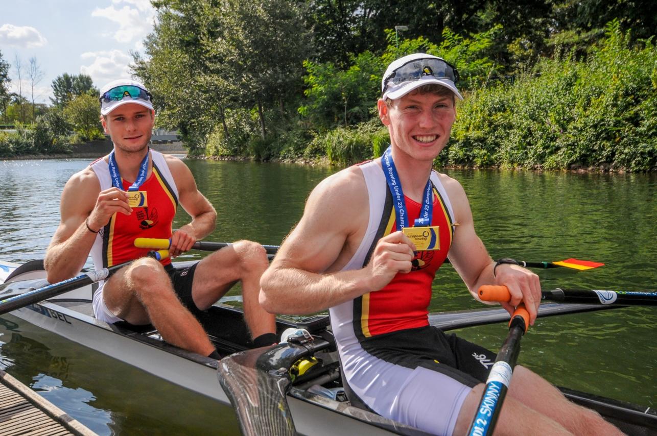 ATTENTION EDITORS - HAND OUT PICTURES - EDITORIAL USE ONLY - MANDATORY CREDIT - VLAAMSE ROEILIGA Hand out pictures released on Sunday 06 September 2020, by Vlaamse Roeilliga shows Marlon Colpaert (KRNS Oostende) and Tibo Vyvey (KR Brugge) who won the gold medal at the European Under 23 Rowing championships in Duisberg, Germany. HAND OUT - VLAAMSE ROEILIGA