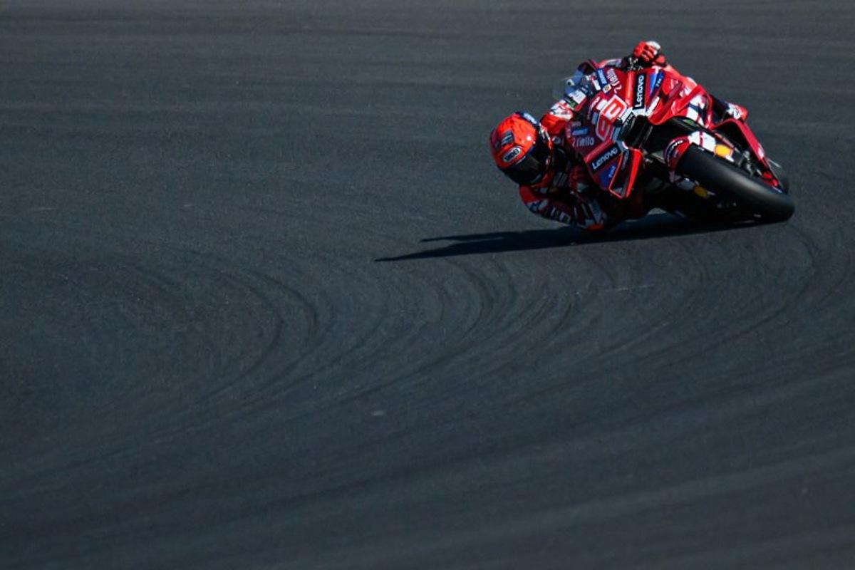 Ducati Lenovo Team's Spanish rider Marc Marquez corners during the qualifying session of the Moto GP Grand Prix of France at Le Mans, northwestern France, on May 9, 2026. Loic VENANCE / AFP