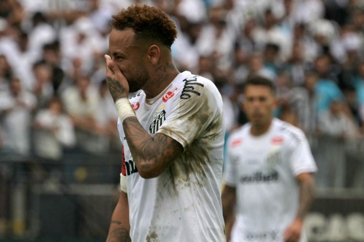 Santos' forward #10 Neymar reacts during the Brazilian league football match between Santos and Coritiba at the Neo Quimica Arena in Sao Paulo, Brazil, on May 17, 2026. NELSON ALMEIDA / AFP