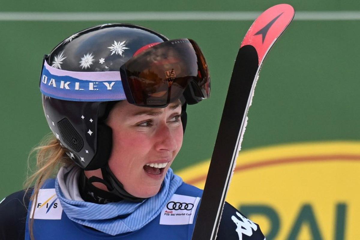 US' Mikaela Shiffrin reacts in the finishing area after competing in the second run of the Women's Giant Slalom event of FIS Alpine Skiing World Cup in Spindleruv Mlyn on January 24, 2026. Michal Cizek / AFP