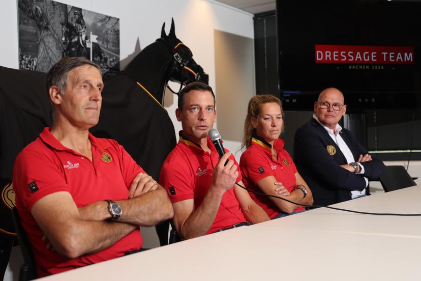 Belgian Wim Verwimp, Belgian Justin Verboomen, Belgian Larissa Paulius and Belgian Dressage team manager Jeroen Van Lent pictured during a press moment of the 'Red Musketeers' riders that will compete at the upcoming World Championships, on Monday 27 July 2026 in Zaventem. The FEI World Championships will take place in Aachen, Germany from 11 to 23 August. BELGA PHOTO VIRGINIE LEFOUR