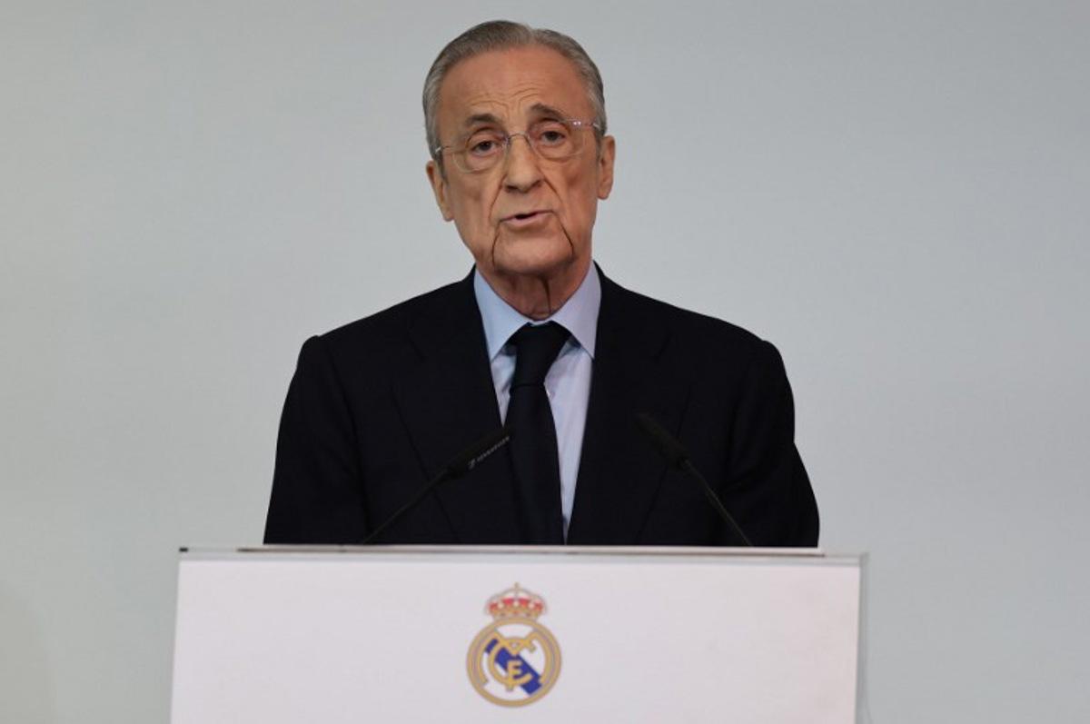 Real Madrid's President Florentino Perez delivers a speech duirng traditional year-end holiday gathering of journalists and other guests at the Santiago Bernabeu stadium in Madrid on December 15, 2025. Thomas COEX / AFP