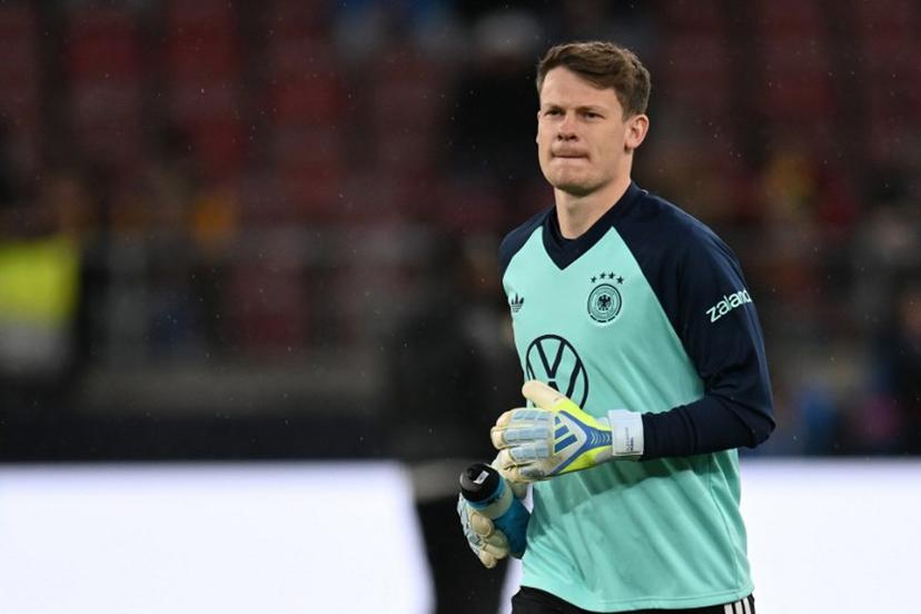 Germany's goalkeeper #12 Alexander Nubel warms up prior to the international friendly football match between Germany and Ghana at the MHP Arena in Stuttgart, southwestern Germany on March 30, 2026. THOMAS KIENZLE / AFP