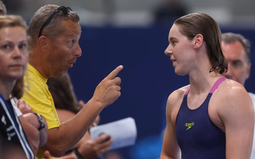 Swimming coach Belgian Mark Faber and Belgian athlete Roos Vanotterdijk pictured after the women's 100m semifinal on the fourth day of the European Aquatics Championships in Paris, France on Thursday 13 August 2026. BELGA PHOTO VIRGINIE LEFOUR