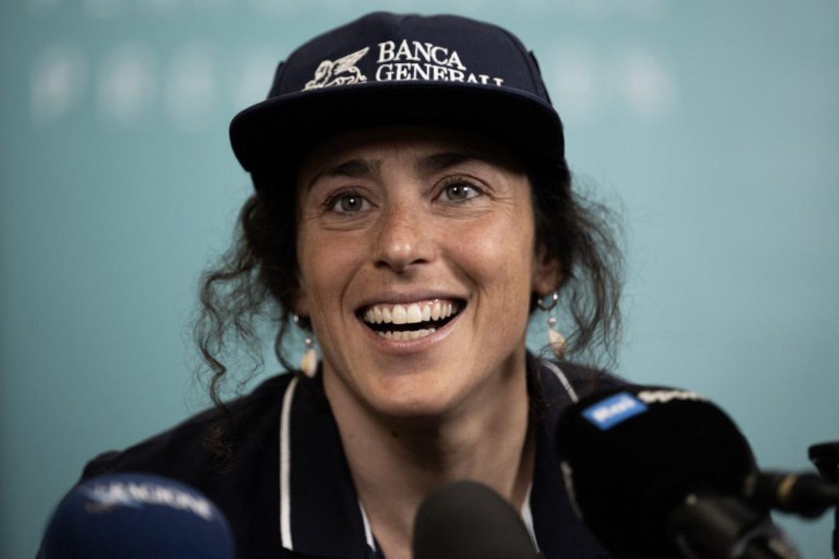 Italian skier Federica Brignone gives a press conference at the JMedical Center in Turin on June 3, 2025. Italian ski star Federica Brignone faces a race against time to be fit for next year's Winter Olympics as she recovers from a broken leg at the italian ski championships in the last April. MARCO BERTORELLO / AFP