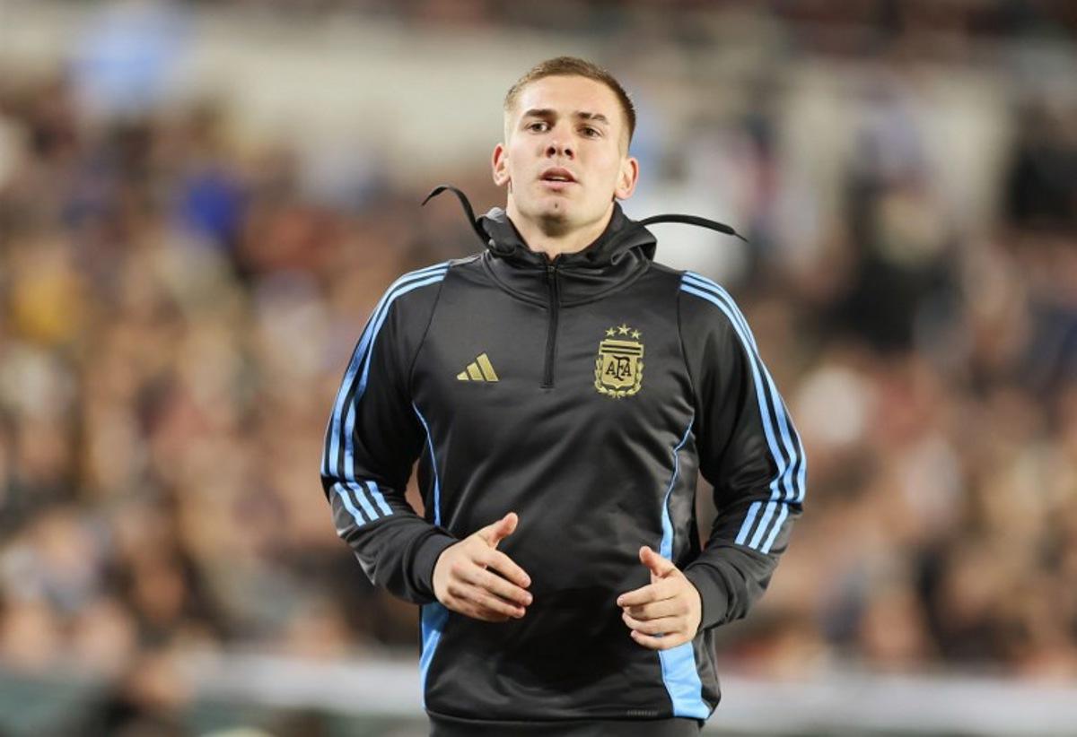Argentina's forward #20 Franco Mastantuono warms up during the 2026 FIFA World Cup South American qualifiers football match between Argentina and Colombia at the Mas Monumental stadium in Buenos Aires, on June 10, 2025. ALEJANDRO PAGNI / AFP