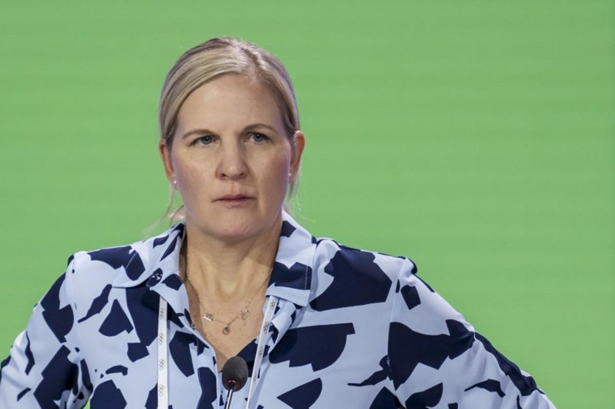 Candidate to the presidency of the International Olympic Committee (IOC) Kirsty Coventry during the 144th IOC Session in Costa Navarino, Greece, where the next IOC President will be elected, on March 19, 2025. The election between seven canditates will take place on March 20, 2025. Fabrice COFFRINI / AFP
