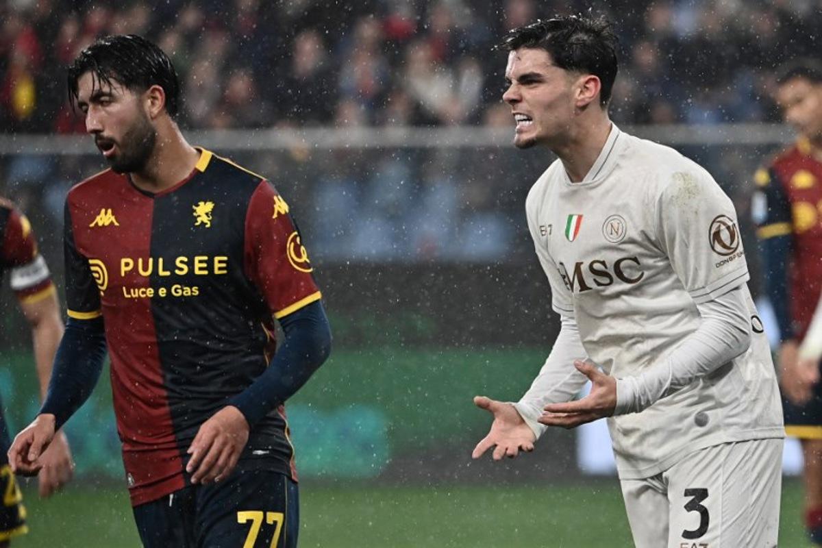 Napoli's Spanish defender #03 Miguel Gutierrez reacts during the Italian Serie A football match between Genoa and Napoli at the Luigi Ferraris stadium in Genoa on February 7, 2026. Isabella BONOTTO / AFP