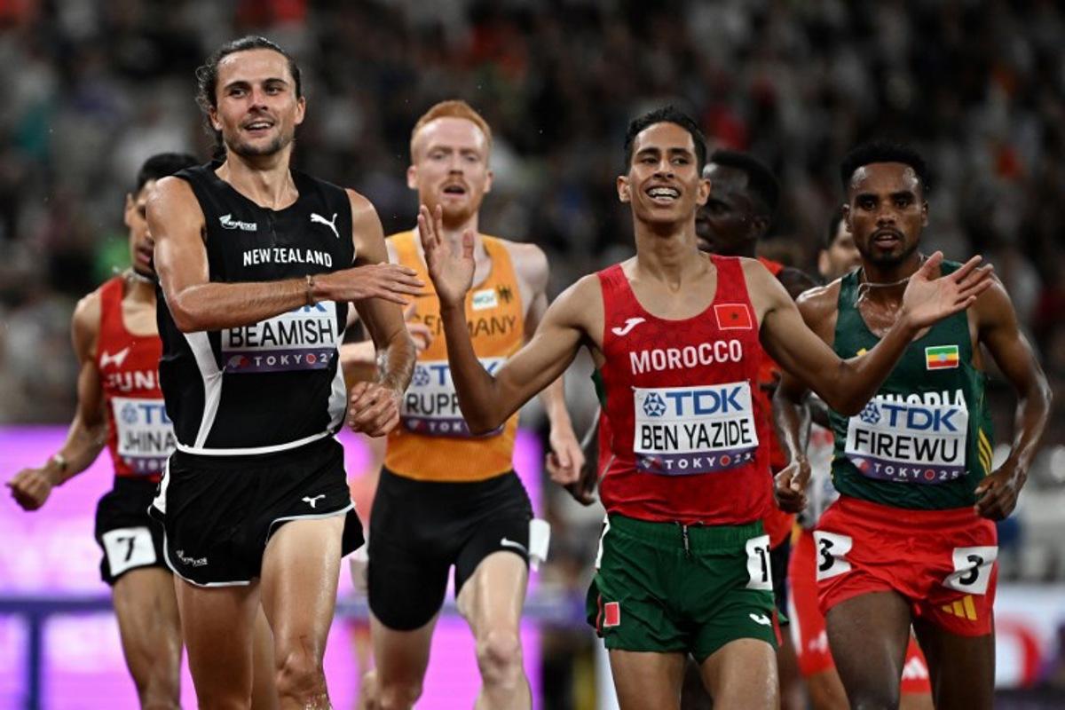 (From L) New Zealand's Geordie Beamish, Germany's Frederik Ruppert, Morocco's athlete Salaheddine Ben Yazide and Ethiopia's Samuel Firewu compete in the men's 3000m steeplechase heats during the World Athletics Championships in Tokyo on September 13, 2025. Jewel SAMAD / AFP