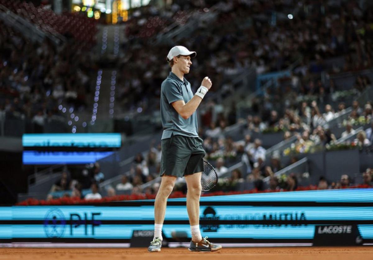 Italy's Jannik Sinner celebrates winning a game against Spain's Rafael Jodar during their 2026 ATP Tour Madrid Open tennis tournament quarterfinal singles match at the Caja Magica in Madrid, on April 29, 2026. OSCAR DEL POZO / AFP