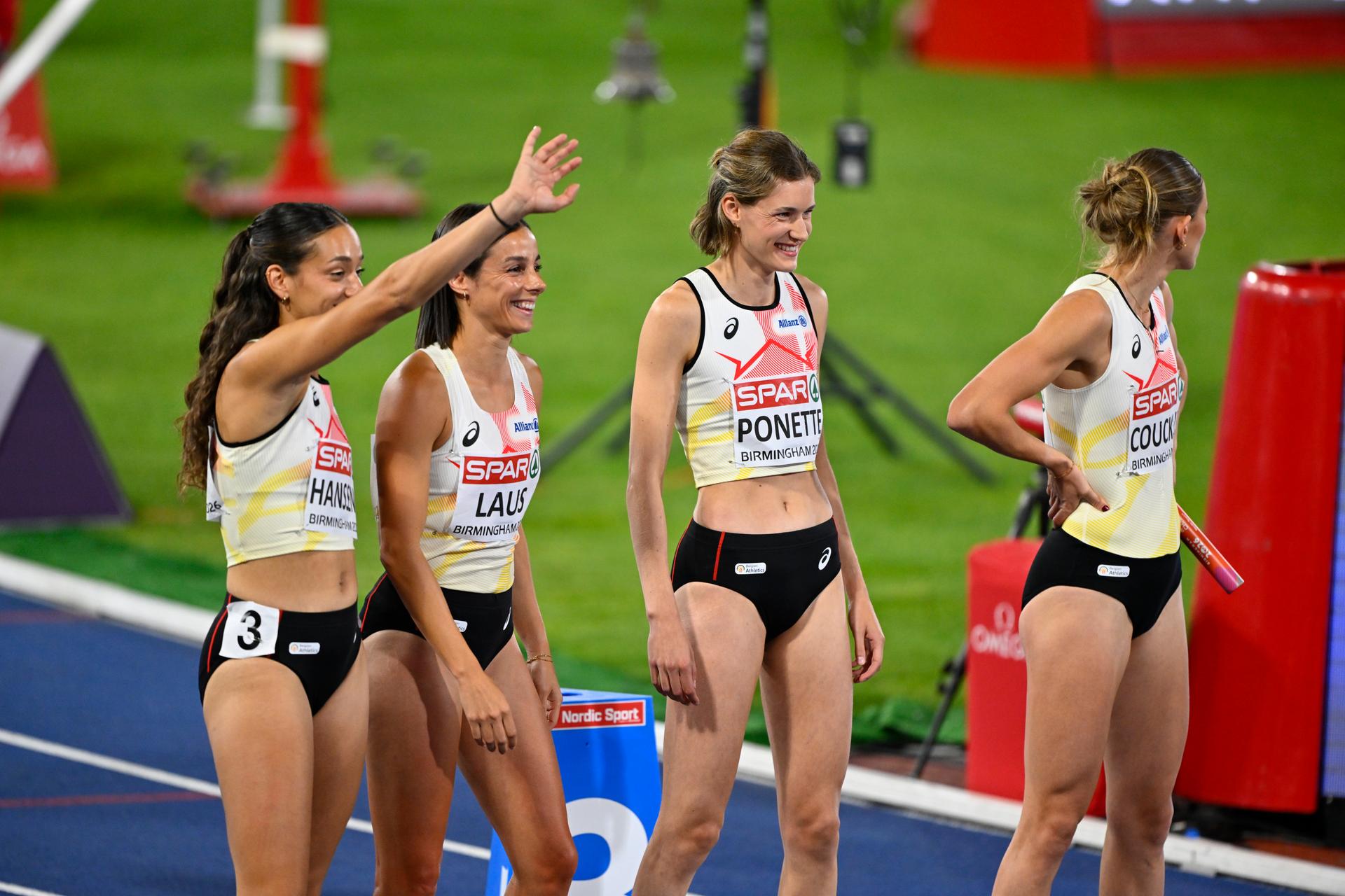 Belgium's Ilana Hanssens; Belgian Camille Laus; Belgian Helena Ponette and Belgian Paulien Couckuyt pictured at the start of the final of the Women's 4x400m relay on the seventh and last day of the European Athletics Championships (August 10-18) in Birmingham, United Kingdom, on Sunday 16 August 2026. BELGA PHOTO ERIC LALMAND