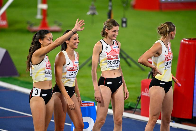 Belgium's Ilana Hanssens; Belgian Camille Laus; Belgian Helena Ponette and Belgian Paulien Couckuyt pictured at the start of the final of the Women's 4x400m relay on the seventh and last day of the European Athletics Championships (August 10-18) in Birmingham, United Kingdom, on Sunday 16 August 2026. BELGA PHOTO ERIC LALMAND