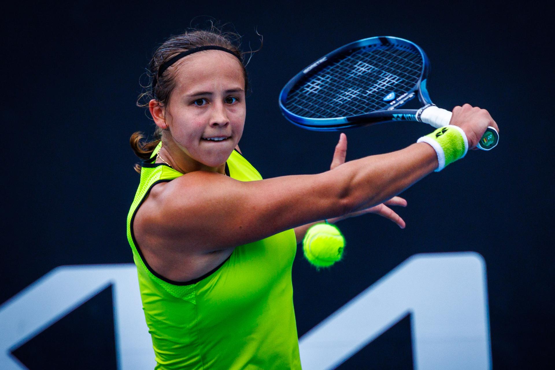 Belgium¿s Hanne Vandewinkel during a qualifying match against USA¿s Carol Young Suh at the Australian Open, Melbourne Park, Melbourne, January 13, 2026. Photo by Patrick Hamilton/SIPA USA) --- BENELUX ONLY ---