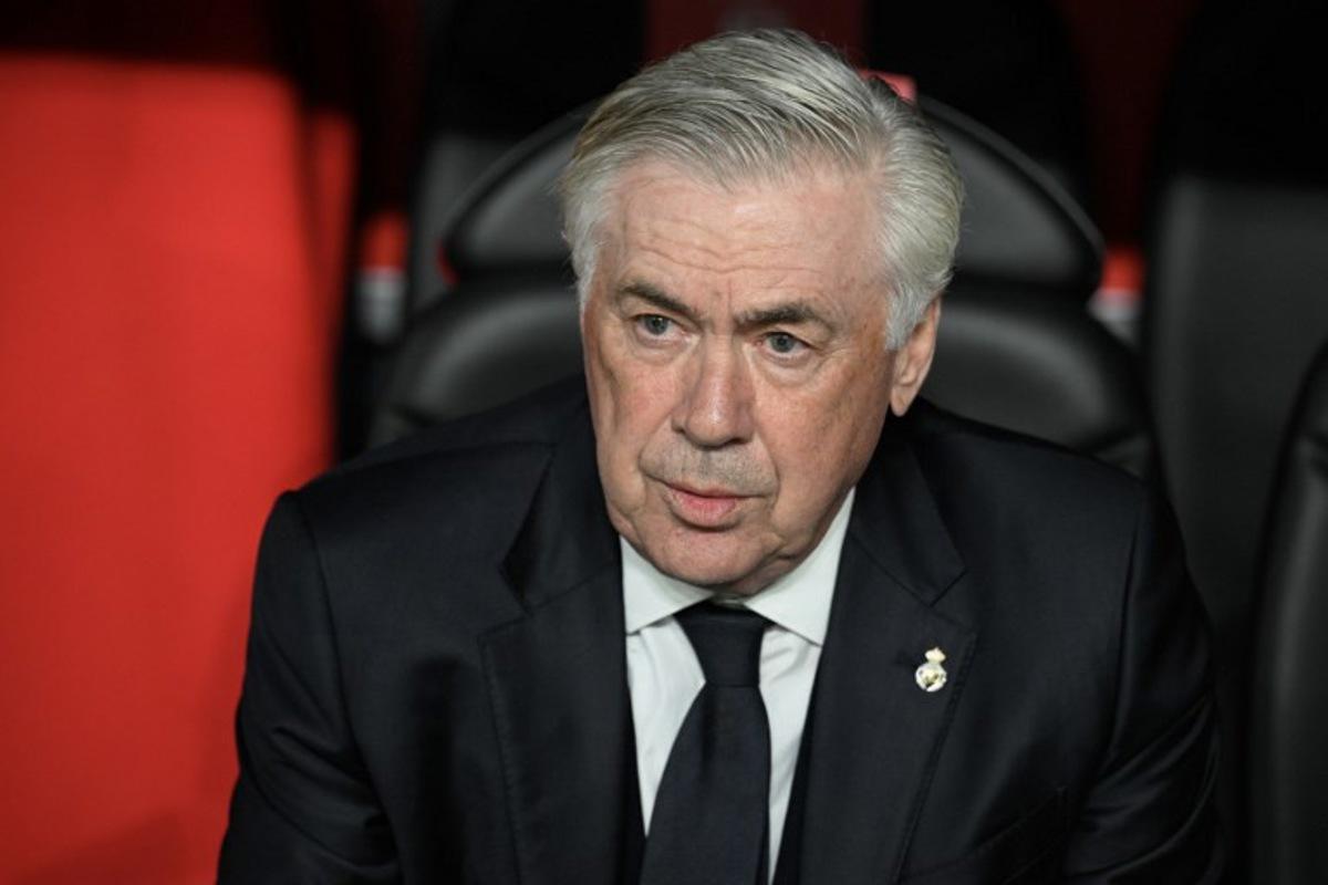 Real Madrid's Italian coach Carlo Ancelotti is pictured before the Spanish Cup, Copa del Rey (King's Cup) final football match between FC Barcelona and Real Madrid CF at La Cartuja stadium in Seville on April 26, 2025. Josep LAGO / AFP